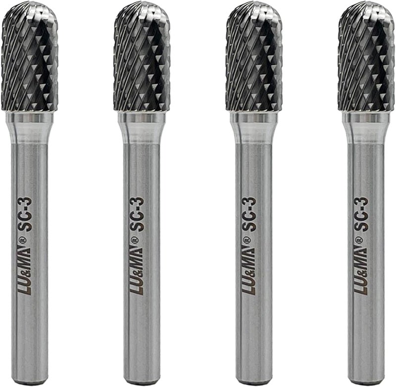 LU&MN Tungsten Carbide Burr Cylinder Shape SC-3 with Radius End Double Cut Rotary Burr File, 4pcs by - Image 1